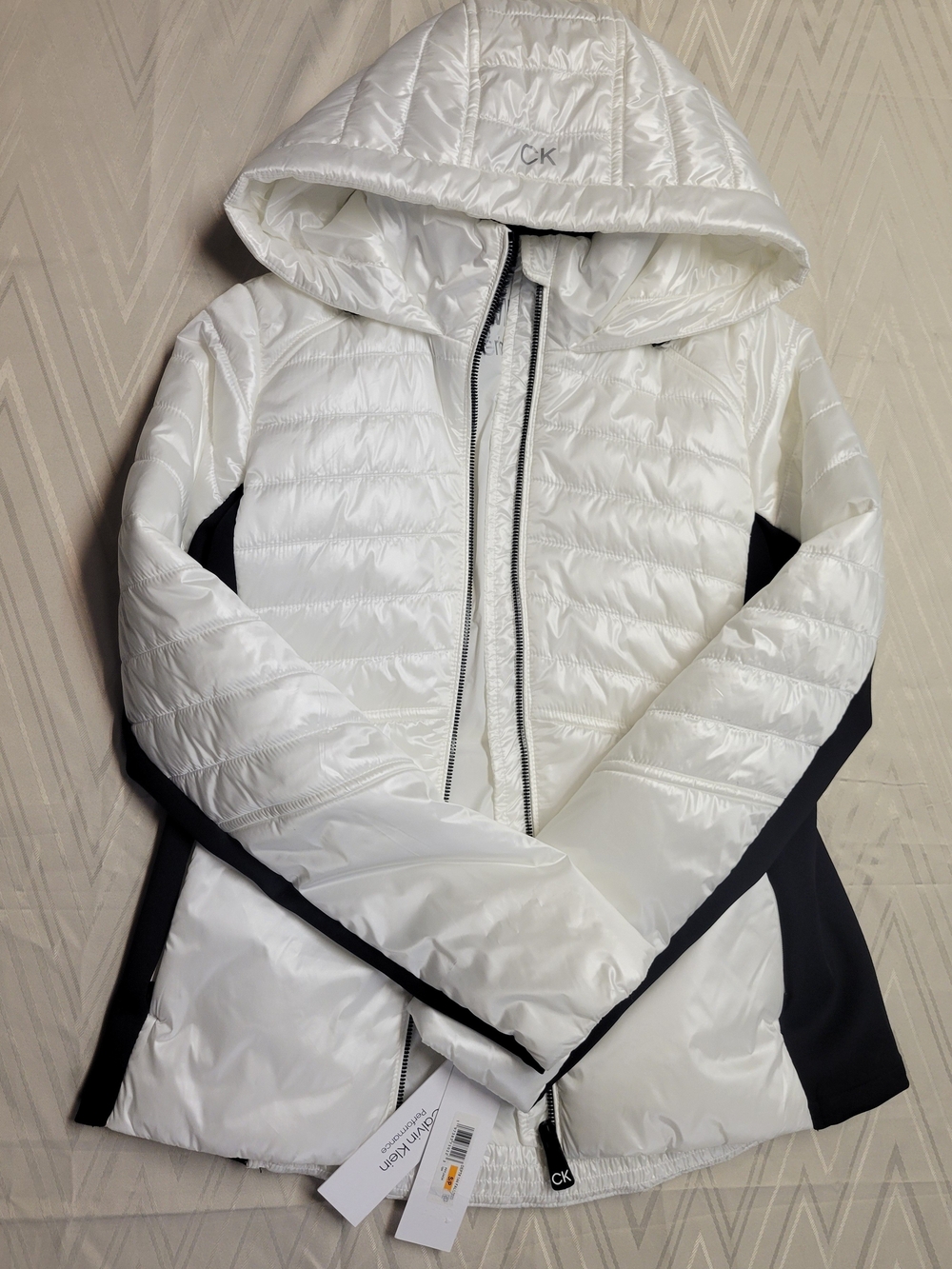 Calvin Klein White Quilted Hooded Puffer with Black Side Panels